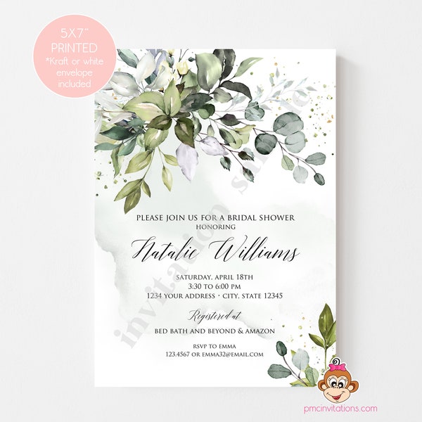 Custom Printed 5X7" Watercolor Eucalyptus Greenery Bridal Shower Invitations, Greenery Eucalyptus Bridal Shower Invitation w envelopes