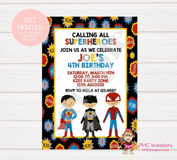 Custom Printed Superhero Birthday Invitations 1.00 each with envelope Il_570xn