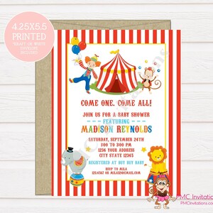 Custom PRINTED 4.25X5.5 Circus Clown Baby Shower Invitations, kraft or white envelope