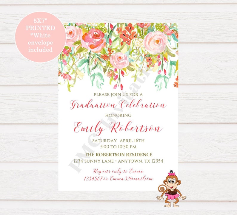 Beautiful Watercolor Roses Flowers Floral Watercolor Rose Floral Girl Graduation Celebration Invitation Custom Printed 1.00 each