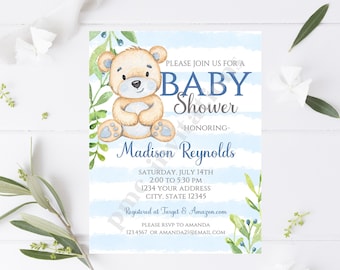 Custom Printed 4.25X5.5" Watercolor Teddy Bear Baby Shower, Boy Blue Bear Baby Shower, Invitations, envelopes included