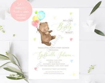 Custom Printed 5x7" Watercolor Gender Neutral, Teddy Bear Baby Shower, We Can Bearly Wait, Bear Baby Shower, Flying Bear, envelopes included