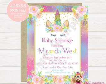 Custom PRINTED 4.25X5.5 Watercolor Pink Floral, Unicorn Face, Baby Sprinkle, Baby Shower, Unicorn Baby Shower Invitation, kraft or white env