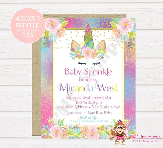 Custom PRINTED 4.25X5.5 Watercolor Pink Floral, Unicorn Face, Baby Sprinkle, Baby Shower, Unicorn Baby Shower Invitation, kraft or white env Il_570xn