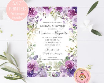Custom Printed 5x7" Greenery Floral Bridal Shower Invitation, Purple, Lavender, Gold, Eucalyptus Bridal Shower Invitation, Bridal Shower