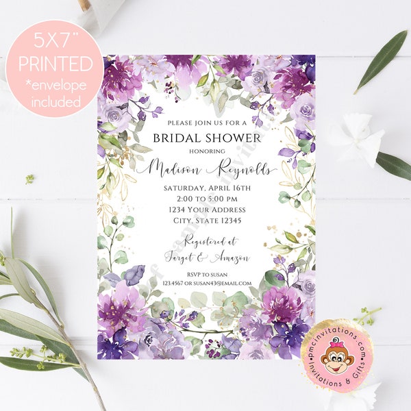 Custom Printed 5x7" Greenery Floral Bridal Shower Invitation, Purple, Lavender, Gold, Eucalyptus Bridal Shower Invitation, Bridal Shower