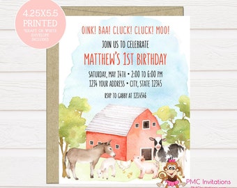 Custom PRINTED 4.25X5.5 Watercolor Farm Barnyard Barn Birthday Invitation, kraft or white envelope included