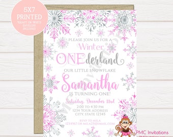 Custom PRINTED Watercolor Pink Snowflake Winter ONEderland Birthday Invitation, Winter Onederland Birthday Invitation - 1.00 ea with env