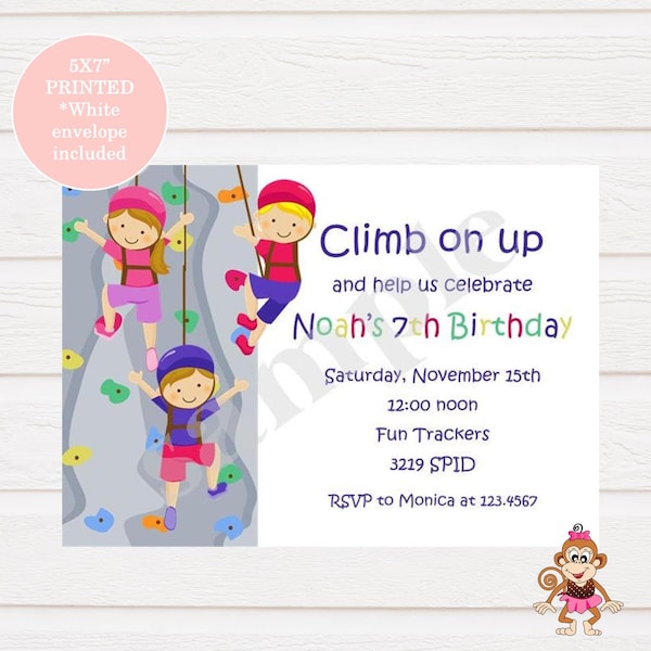 Custom Printed 5X7 Rock wall climbing birthday invitations for boy or girl - white envelope included