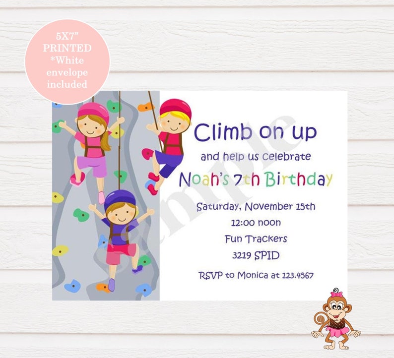 Custom Printed 5X7 Rock wall climbing birthday invitations for boy or girl white envelope included image 1