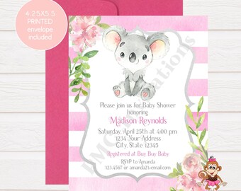 Custom PRINTED 4.25X5.5 Watercolor Koala Baby Shower, Girl, Boy, Gender Neutral Koala Baby Shower Invitation, envelopes included