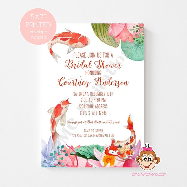Custom Printed Watercolor, Koi Fish, Chinese Garden Fish, Floral, Oriental Fish, Oriental Flowering, Bridal Shower Invitations - 1.00 each