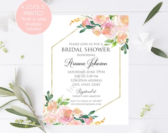 Invitación personalizada impresa para despedida de soltera con flores rosas de 4,25 x 5,5, dorada, rosa ruborizada, rosa y dorada, sobre incluido.