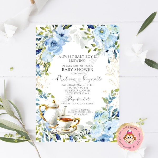 PRINTED Baby Blue Floral Baby Shower Tea Party Invitations, Blue Floral Baby Shower Invitation, Tea Party, 5X7", envelopes included