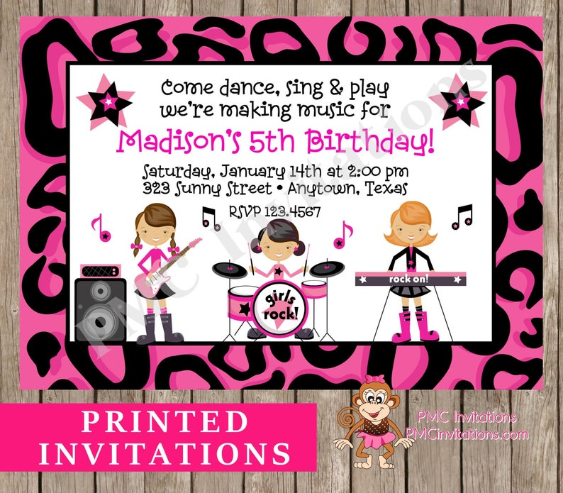 Custom Printed, Girl Band, Rock Star, Girls Rock, Girl Rock Band Birthday Invitations 1.00 each envelope included image 1