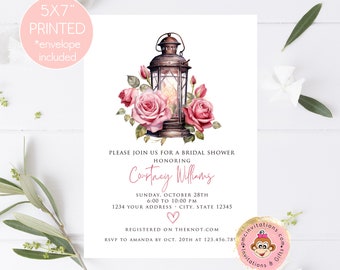 PRINTED Lantern Bridal Shower Invitation, Watercolor Pink Floral Lantern, Flowers, Lantern Bridal Shower Invitation, with envelope