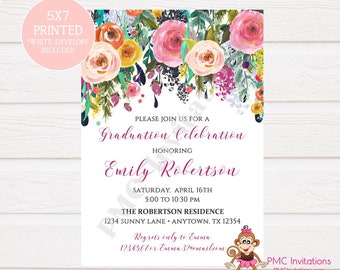 Impresión personalizada ? Acuarela rosa Floral chica graduación invitación de graduación Hermosas rosas de acuarela Flores Florales 1.00 cada uno