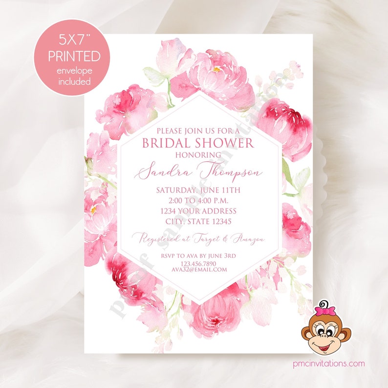 Printed 5x7 Pink Floral Bridal Shower Invitation, Bridal Shower, Printed Bridal Shower Invitation, Watercolor Pink Floral, with envelope image 2