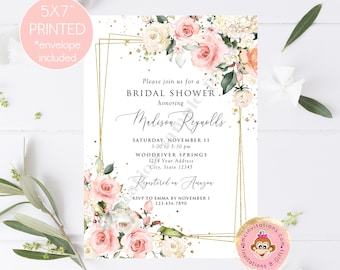 Custom Printed 5x7" Greenery Floral Bridal Shower Invitation, Blush Pink, Gold, Eucalyptus Floral Bridal Shower Invitation, Bridal Shower