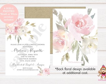 Custom PRINTED 4.25X5.5 Watercolor Blush Pink Floral, Pink Blush,  Baby Shower, Bridal Shower Invitation, kraft or white envelope included