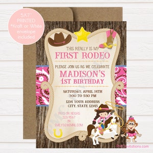 Custom PRINTED 5X7 Pink Girl, First Rodeo Birthday Invitation, Cowgirl, First Rodeo, Invitation - 1.00 each with envelope