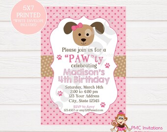 Pink Puppy Birthday Invitation, Custom Printed, Girl Puppy, Cute Puppy, Pawty - 1.00 each with envelope