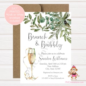 Custom Printed 5x7" Brunch and Bubbly Bridal Shower Invitation, Greenery Bridal Shower Invitation, Brunch Bridal Shower Invitations