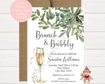 Custom Printed 5x7" Brunch and Bubbly Bridal Shower Invitation, Greenery Bridal Shower Invitation, Brunch Bridal Shower Invitations