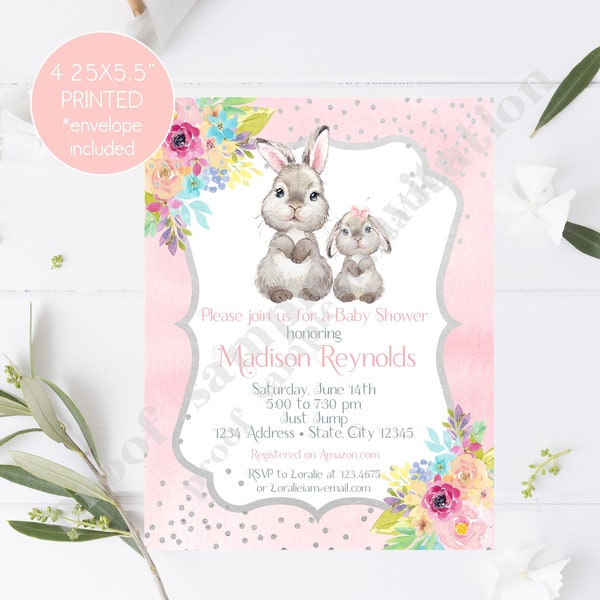 Custom Printed 4.25X5.5" Watercolor Pink Rabbit Bunny Baby Shower, Floral Bunny Rabbit Baby Shower, Invitations, envelopes included