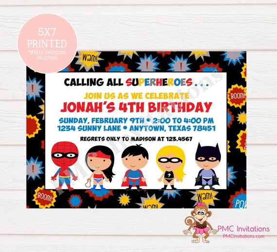 Custom Printed Superhero Birthday Invitations - 1.00 each with envelope Il_570xn