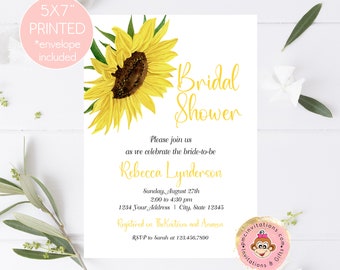 Printed 5x7" Sunflower Bridal Shower Invitation, Watercolor Sunflower, Simple Sunflower, Bridal Shower Invitation, Floral Bridal Shower