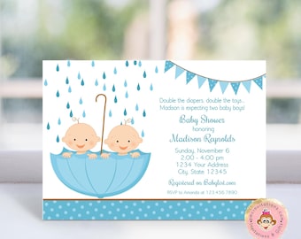 Printed/Shipped 5X7, Twin Boy Baby Shower Invitations, Double the diapers, Twin boys, Rain Umbrella Twin Baby Shower, with envelopes