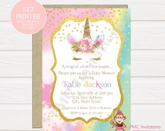 Custom PRINTED Unicorn Baby Shower Invitation, Unicorn Face, Floral Unicorn, kraft or white envelopes - 1.00 each
