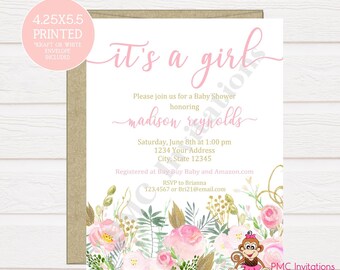 Custom PRINTED 4.25X5.5 Watercolor Pink Floral, Pink Gold,  Baby Shower, Bridal Shower Invitation, kraft or white envelope