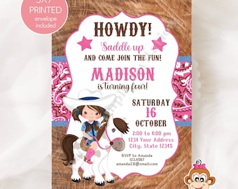 Custom PRINTED 5X7 Girl, Cowgirl Birthday Invitation, Cowgirl, Western, Rodeo, Birthday Invitation - 1.00 each with envelope