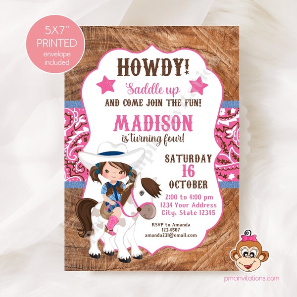 Custom PRINTED 5X7 Girl, Cowgirl Birthday Invitation, Cowgirl, Western, Rodeo, Birthday Invitation - 1.00 each with envelope