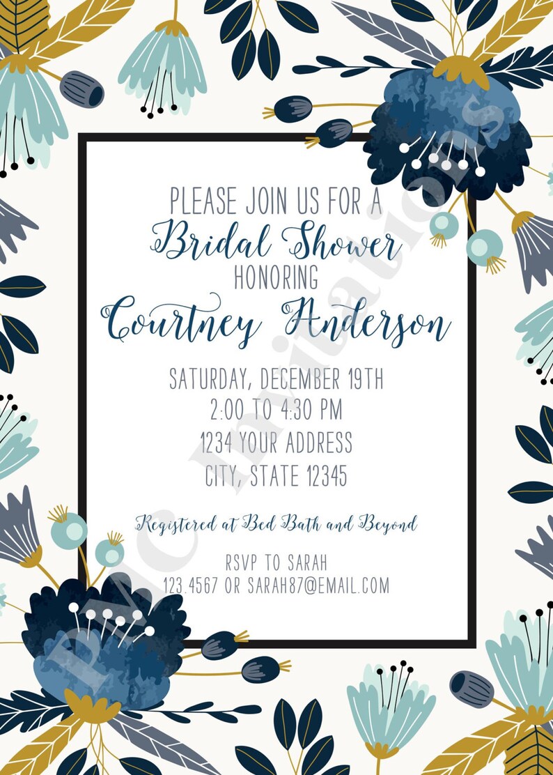 Custom Printed Navy Floral Bridal Shower Invitations Bridal Etsy