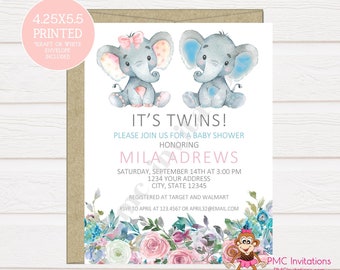Custom PRINTED 4.25X5.5 Watercolor Boy Girl Twins Floral, Elephant, Baby Shower, Elephant Baby Shower Invitation, kraft or white envelope