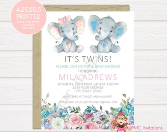 Custom PRINTED 4.25X5.5 Watercolor Boy Girl Twins Floral, Elephant, Baby Shower, Elephant Baby Shower Invitation, kraft or white envelope