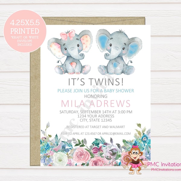 Custom PRINTED 4.25X5.5 Watercolor Boy Girl Twins Floral, Elephant, Baby Shower, Elephant Baby Shower Invitation, kraft or white envelope