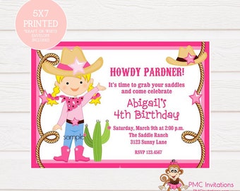 Custom Printed Blonde Pink Cowgirl Birthday Invitations - white envelopes included