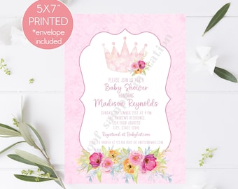 Custom Printed Watercolor Pink Floral Crown Royal Princess Baby Shower Invitations - 1.00 each with envelope