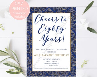 Printed Navy Gold Birthday Invitations, Male Birthday Invitations, Any Age Birthday, Man Birthday, Printed Invitations, envelopes included