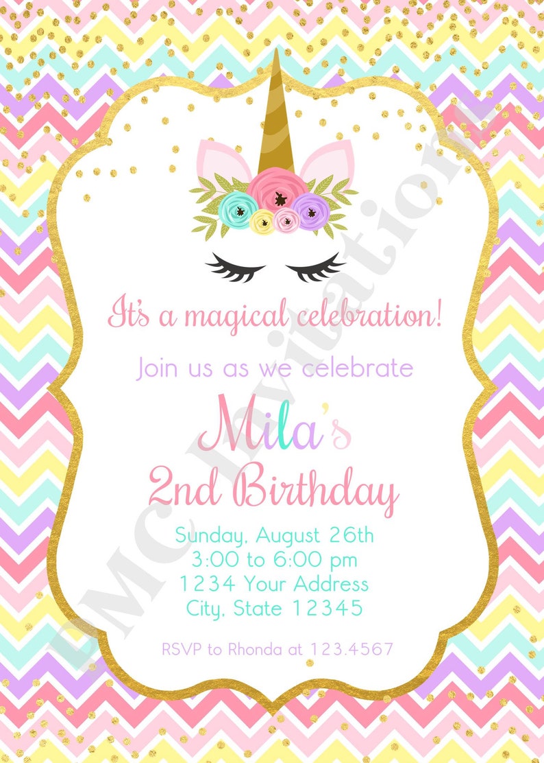 Custom PRINTED Unicorn Birthday Invitation, Unicorn Face Birthday Invitation 1.00 each with envelope image 2