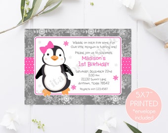 PRINTED Winter Penguin Birthday Invitation, Girl Penguin Birthday Invitations, Penguin 1st birthday, envelopes include