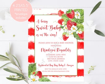 PRINTED 4.25X5.5 Watercolor Strawberry Baby Shower Invitation, Sweet Baby, with envelopes