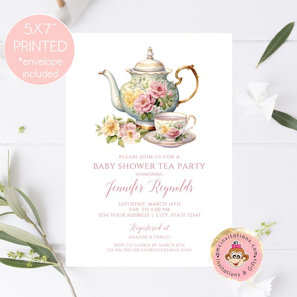 PRINTED Pink Floral Baby Shower Tea Party Invitations, Pink Floral Baby Shower Invitation, Tea Party, 5X7", envelopes included
