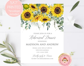 Custom Printed 5X7" Watercolor Sunflower Eucalyptus Greenery Rehearsal Dinner Invitations, Sunflower Rehearsal Dinner Invitation w envelopes
