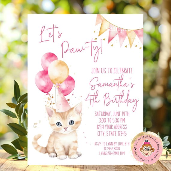 PRINTED Cat Invitation, Cat Birthday Invite, Kitty Cat Birthday Party, Animal Let's Pawty Kitten, Birthday Invitation 4.25X5.5"