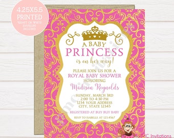 Custom PRINTED 4.25X5.5 Pink Gold Royal Princess Baby Shower Invitation, Royal Princess Baby Shower, kraft or white envelope included